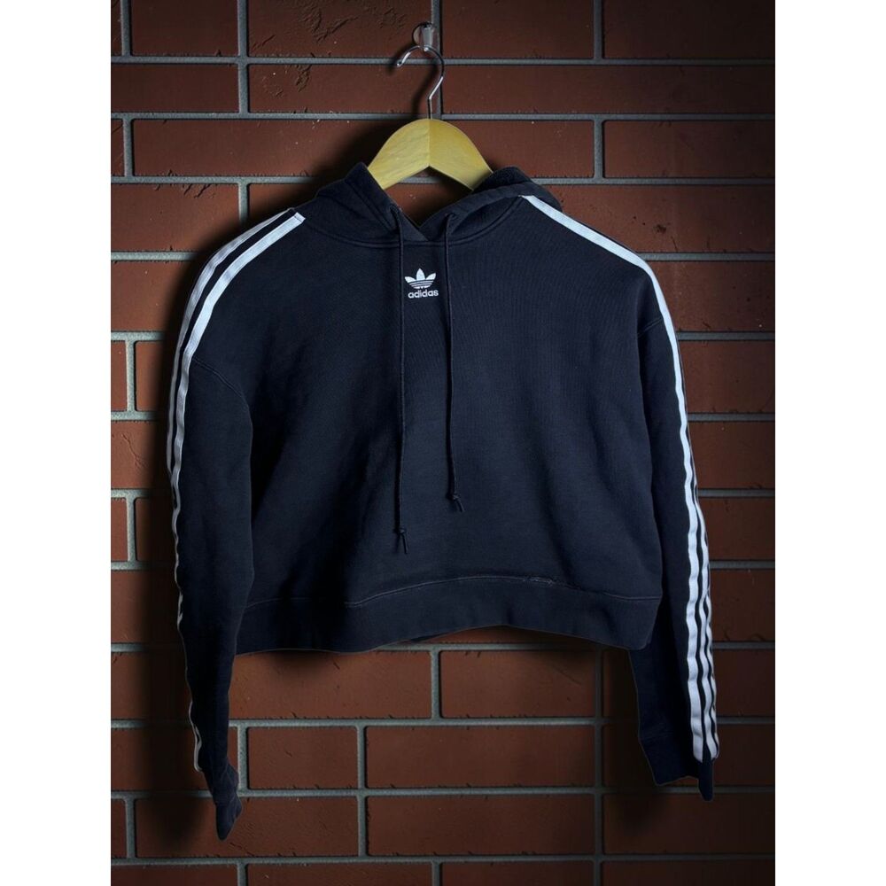 Adidas Originals Cropped Hoodie Black 3 Stripe Women's XS